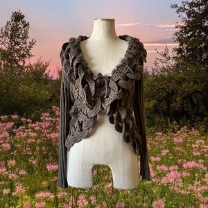 Vintage y2k Brown Knitted Faux Fur Long Ribbed Fairy Grunge Tie Front Cardigan